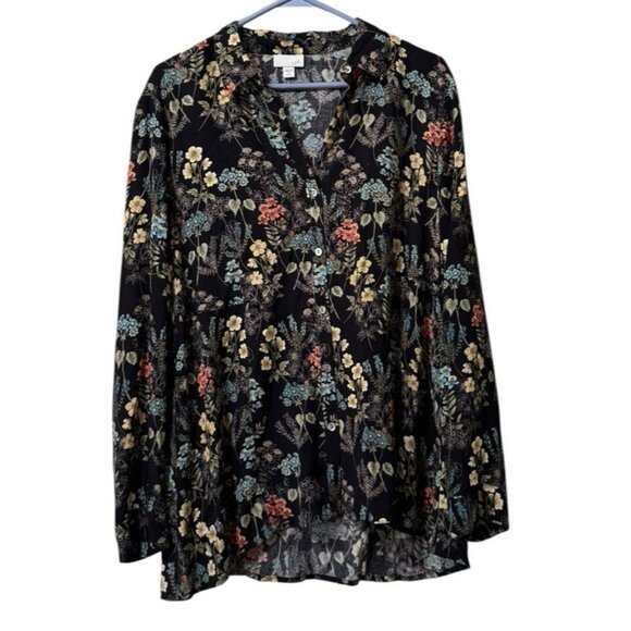 J. Jill Button Down Long Sleeve Tunic Floral Shirt Sz Medium Petite Cottagecore - Picture 1 of 11